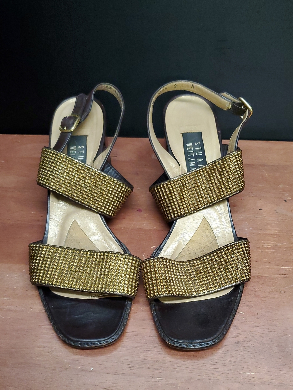 Stuart Weitzman Gold and Black Beaded Strap Heeled Sandals